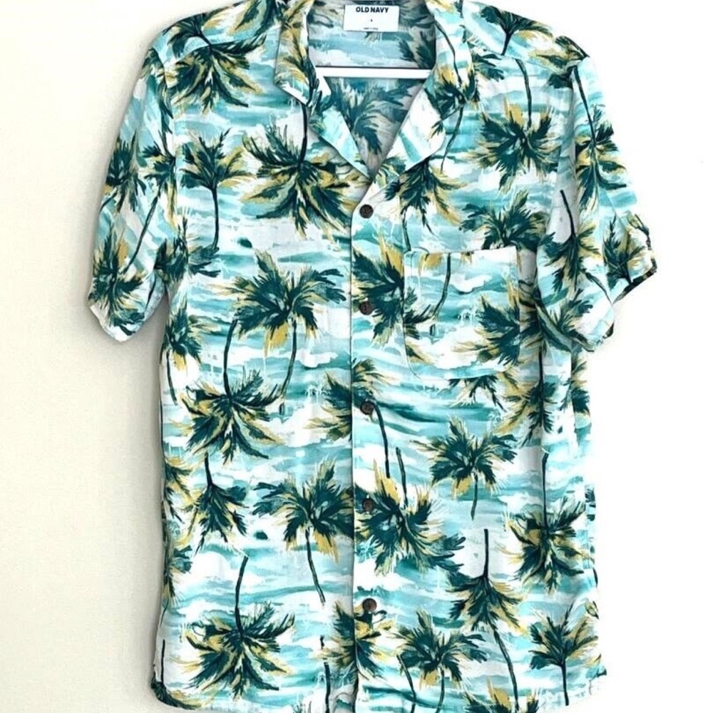 Old Navy Button Up Shirt Men's L Short Sleeve Multicolor Palm Print Rayon
